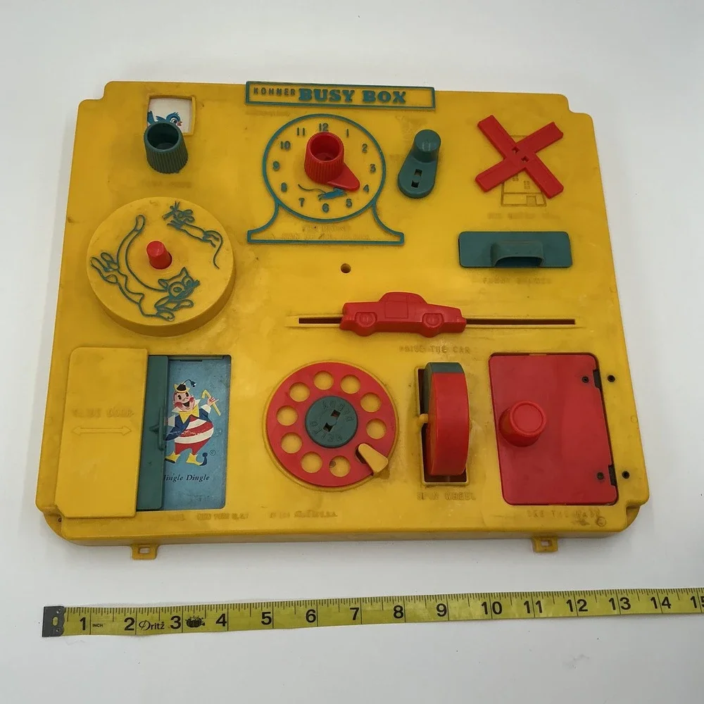 Vintage Kohner Busy Box No 505 Yellow Plastic Activity Center Baby Toy 1960s USA